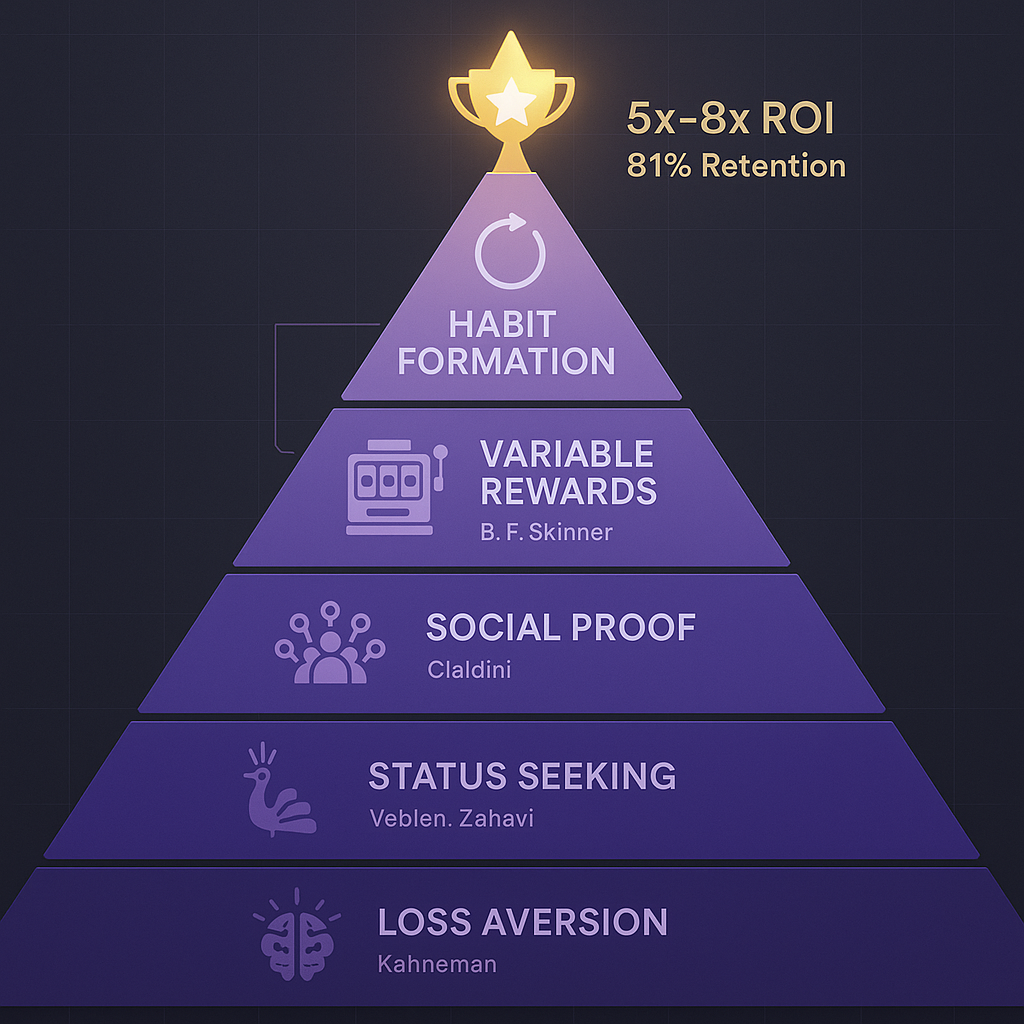 Psychology stack pyramid showing five layers: Loss Aversion (Kahneman) at base, Status Seeking (Veblen, Zahavi), Social Proof (Cialdini), Variable Rewards (B.F. Skinner), and Habit Formation at top, with trophy showing 5x-8x ROI and 81% retention