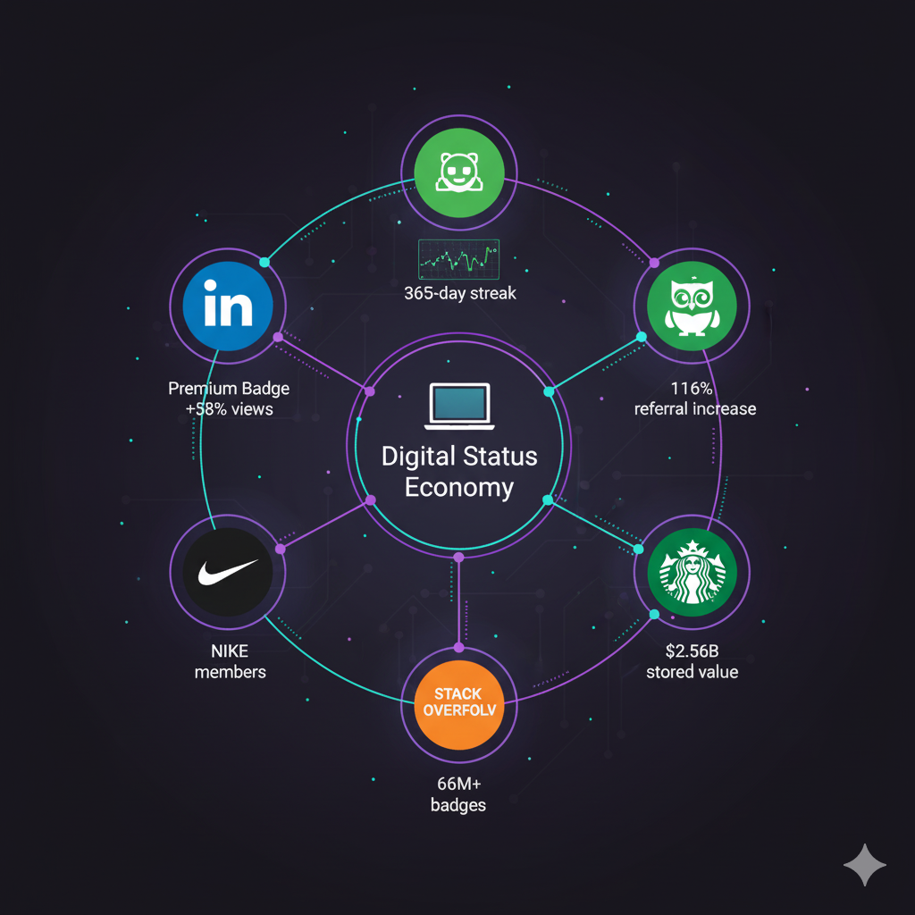 Digital status economy ecosystem showing six interconnected platforms: LinkedIn (Premium Badge +58% views), GitHub (365-day streak contribution graph), Duolingo (116% referral increase), Stack Overflow (66M+ badges), Nike (160M members), and Starbucks ($2.56B stored value), all connected by glowing network lines around central Digital Status Economy hub